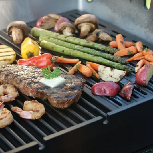 MHP TJK Propane Grill with SearMagic Grates, a   Stainless Steel Column, 2 Wheels & Feet